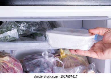 Refrigerator With Frozen Food (meat, Milk, Vegetables). Ready Meal