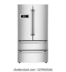 Refrigerator Isolated On White Background. Front View Of Stainless Steel Side By Side Four Door Fridge Freezer. Kitchen And Domestic Major Appliances. Full Frost Free Bottom Fridge