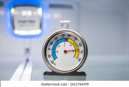 Refrigerator Thermometer In Empty Cold Storage Unit. Refrigeration Safety Gauge Displaying Unsafe Food Temperature Warning.