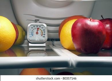 Refrigerator Thermometer Inside The Top Shelf Of A Cool Food Storage Fridge To Make Sure Perishables Are Kept Safe And Cold Enough.