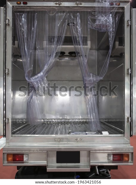 Refrigerator truck interior. Cold storage\
fresh or frozen food\
transportation.