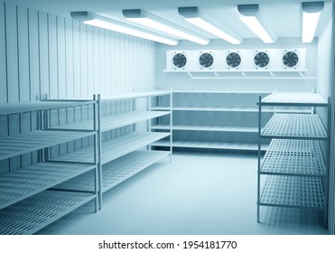 Refrigerators compartment. Warehouse with shelves for food storage. Grocery warehouse with air conditioning Freezing of products. Stelms with shelves. Refrigeration equipment. Industrial refrigerator.