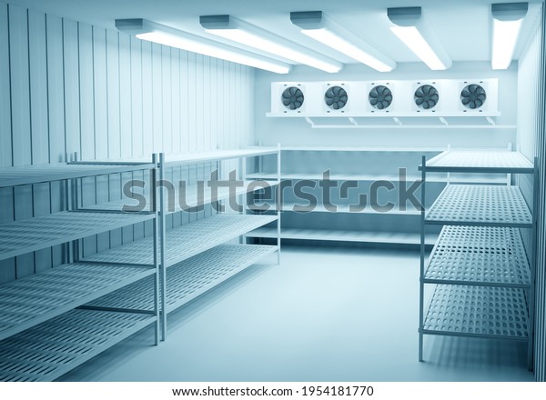 Refrigerators compartment. Warehouse with\
shelves for food storage. Grocery warehouse with air conditioning\
Freezing of products. Stelms with shelves. Refrigeration equipment.\
Industrial\
refrigerator.