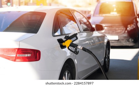 Refuel cars at the fuel pump. The driver hands, refuel and pump the car's gasoline with fuel at the petrol station. Car refueling at a gas station.