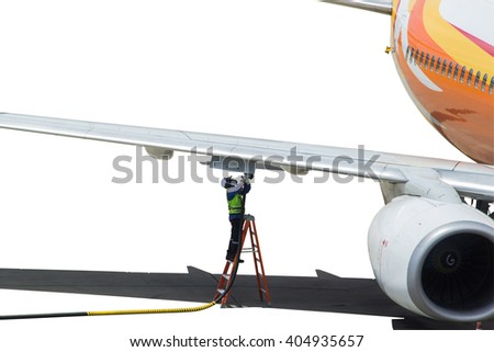 Refueling of the aircraft at the airport on white background.