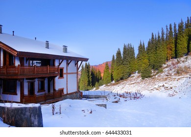 Refuge house on downhill of Zaili Alatau mountains in Kazakhstan 