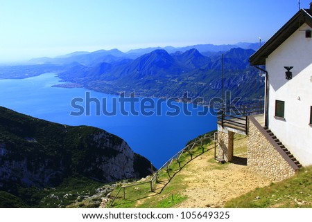 The refuge of the Italian Alpine Club, near the summit of Punta Telegrafo (2200m) in the Monte Baldo massif with view on lake Garda Stock photo © 