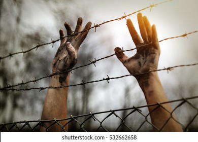 Refugee men and fence - Shutterstock ID 532662658