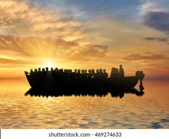 Refugees Concept. Boat With Refugees At Sea