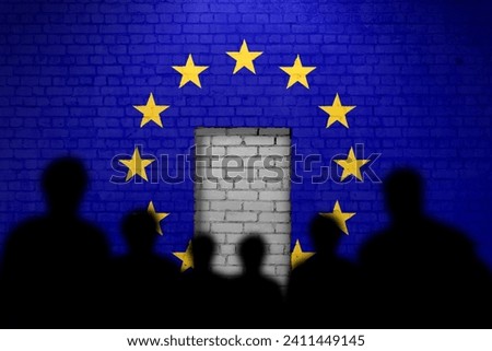 The refugees migrate to Europe union . Silhouette of illegal immigrants . Europe union migration policy. Doors to the Europe Union