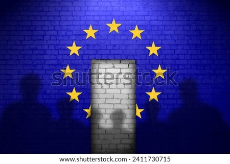 The refugees migrate to Europe union . Silhouette of illegal immigrants . Europe union migration policy. Doors to the Europe Union