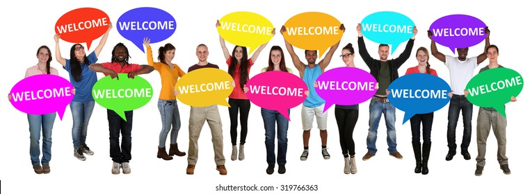 Refugees Welcome Group Of Young Multi Ethnic People Holding Speech Bubbles Isolated