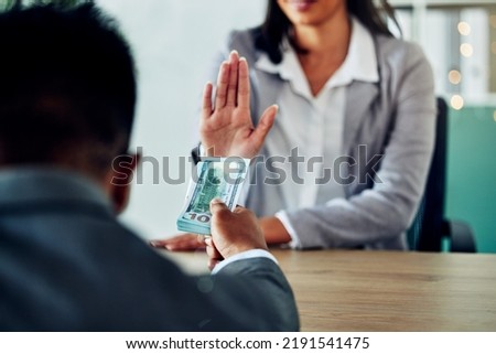 Refusing illegal bribe, corruption and dirty money to avoid unethical, fraud and dishonest crime at work. Business woman, politician and government official stop to no bribery, solicit and extortion