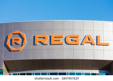 Regal Logo Sign On Facade Of The Movie Theater. Regal Cinemas Is An American Movie Theater Chain - Irvine, California, USA - 2020