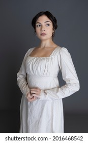 A Regency Woman Wearing A Printed Cotton Dress 