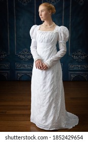 A Regency Woman Wearing A White Muslin Dress 