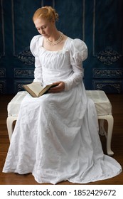 A Regency Woman Wearing A White Muslin Dress 