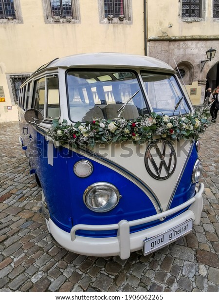 Regensburg, Bavaria, Germany - March 2020: Retro\
Volkswagen van on old\
town.