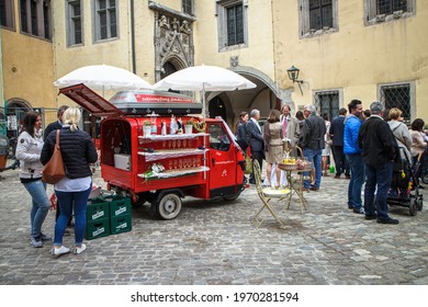 REGENSBURG, GERMANY - Apr 27, 2019: Food And Drink Truck Based On Piaggio Ape, Perfect Wedding Bar For Outdoor Receptions