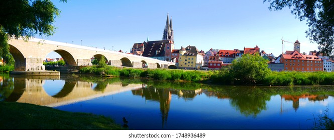 Regensburg, Germany: Skyline Behind The Danube River