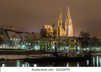 Regensburg At Night With Snow In Winter