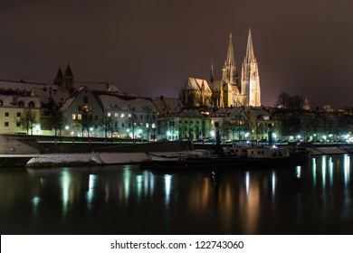 Regensburg At Night With Snow In Winter