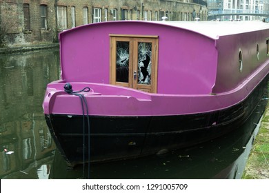 Regents Canal, London / United Kingdom - January 21 2019: Burgled Canal Boat On Regents Canal, London.