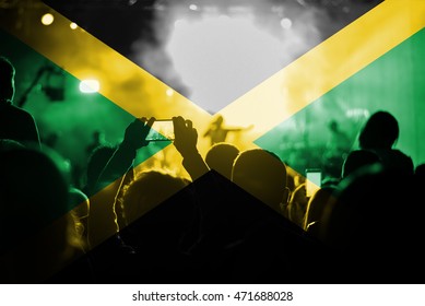 Reggae Live Music Concert With Blending Jamaica Flag On Fans