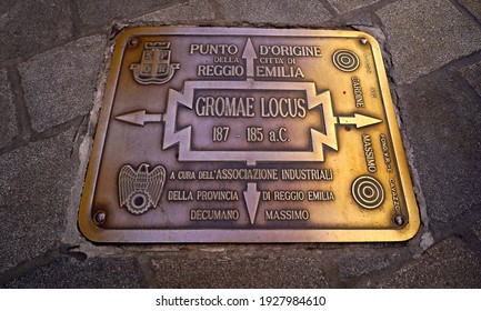 Reggio Emilia, Emilia Romagna, Italy - 03.01.2021: The "Gromae Locus" the plaque at the point of origin of Reggio Emilia