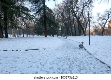 Regina Margherita Park Covered With Snow In Winter Time. Bologna, Italy.