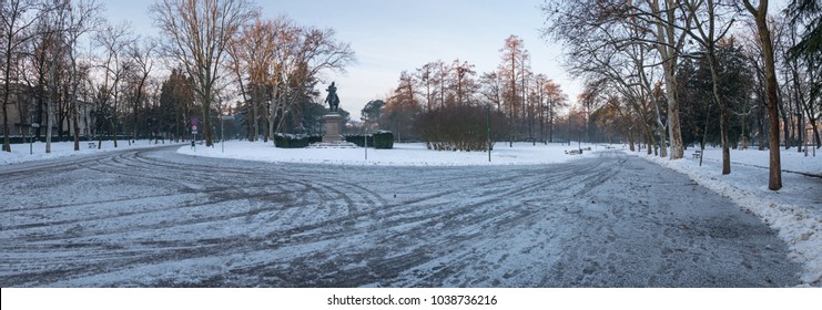 Regina Margherita Park Covered With Snow In Winter Time Panoramic View. Bologna, Italy.