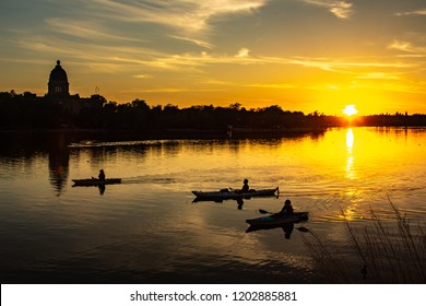 REGINA, SK - June 3, 2018 Kayakers Enjoy A Summer Evening At Wascana Park