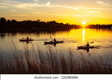 REGINA, SK - June 3, 2018 Kayakers Enjoy A Summer Evening At Wascana Park