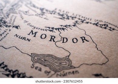 Region of Mordor on the map of Middle-earth. - Shutterstock ID 2307612455