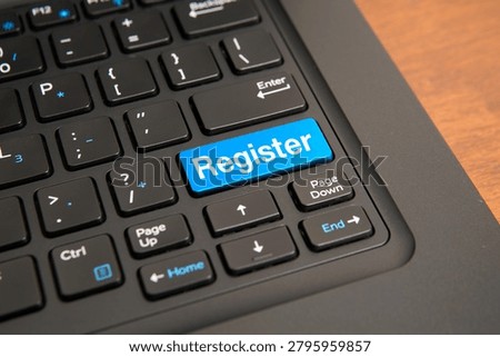 Register concept on computer keyboard with highlighted blue key, representing user signup, account creation, online access, digital interaction, and technology interface.