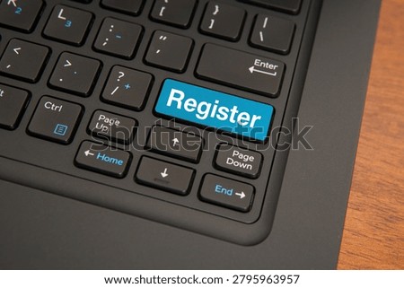 Register concept on computer keyboard with highlighted blue key, representing user signup, account creation, online access, digital interaction, and technology interface.