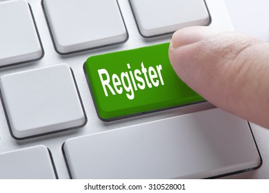 Register green button on keyboard, business concept
