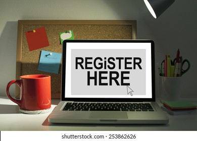 Register Here / Online Registration Concept