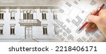 Register old buildings at buildings cadastre for taxation - Land registry concept with an imaginary cadastral map of territory and old italian historic building