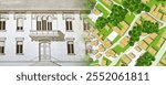 Register old buildings at buildings cadastre for taxation - Land registry concept with an imaginary cadastral map of territory and old italian historic building