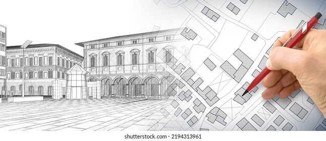 Register Old Buildings At Buildings Cadastre For Taxation - Land Registry Concept With An Imaginary Cadastral Map Of Territory And Old Italian Historic Buildings 