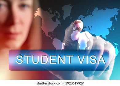 Registration Of Student Visas. The Concept Is Studying Abroad. Student Iza For Study Abroad. A Virtual Screen Next To An Immigration Lawyer. World Map In Front Of An Immigration Lawyer