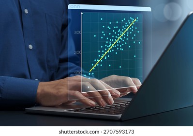 Regression analysis. Linear regression chart. Predicting trends with historical business data. Businessperson using laptop computer to make data-driven decisions.