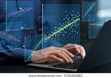 Regression analysis. Linear regression chart. Predicting trends with historical business data. Businessperson using laptop computer to make data-driven decisions.