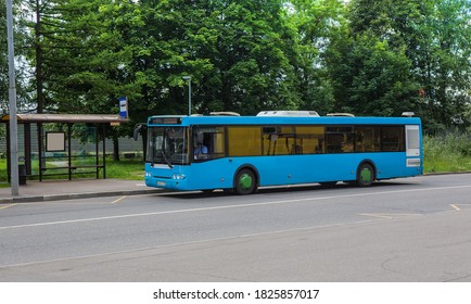 Regular bus at a stop on the background of trees on a summer day