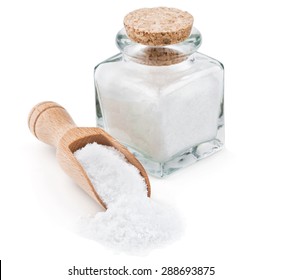 Regular Table Salt In A Glass Bottlel Isolated On White Background