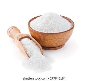 Regular Table Salt In A Wooden Bowl Isolated On White Background