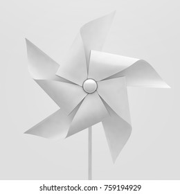 A regular toy pinwheel windmill with white colored vanes on a stick on an isolated background - 3D render