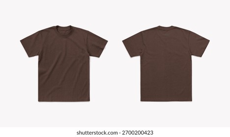 Regular T-Shirt Dark Brown Flatlay from Front and Back Side. Regular T-Shirt Mockup Isolated on White Background. Brown T-Shirt Color.