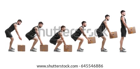 Rehabilitation concept. Collage of man with good posture lifting heavy cardboard box on white background